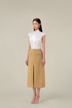 
            
                Load image into Gallery viewer, GOLD TWEED A-LINE SKIRT
            
        
