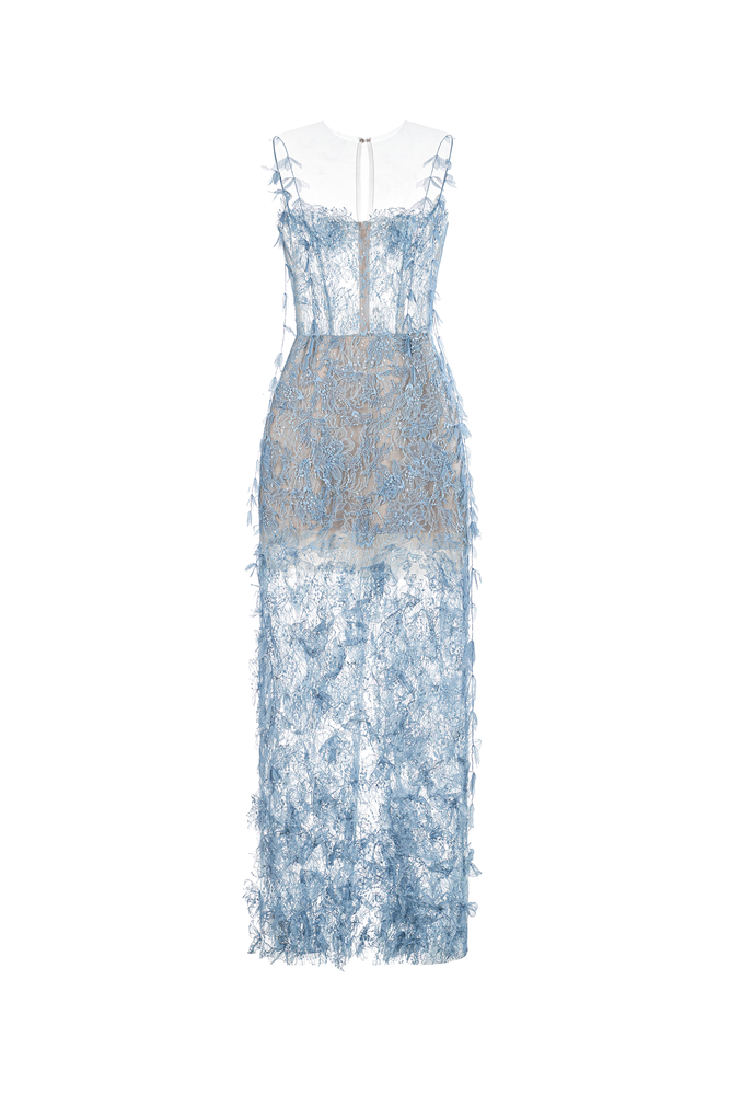 Blue Beaded Lace Pencil Dress