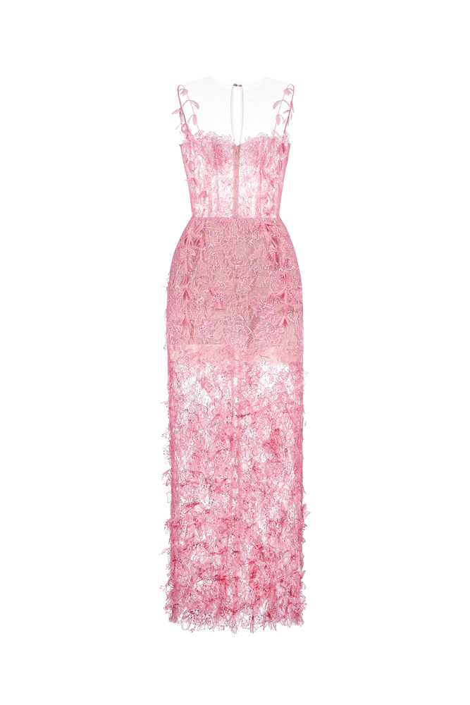 Pink Beaded Lace Pencil Dress