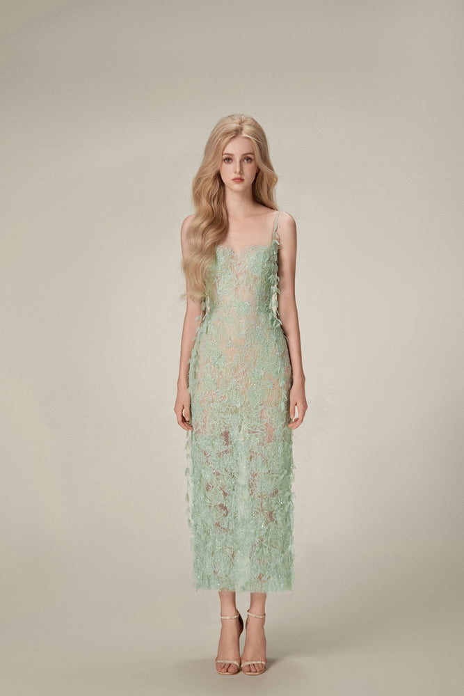 Mint Beaded Lace Pencil Dress