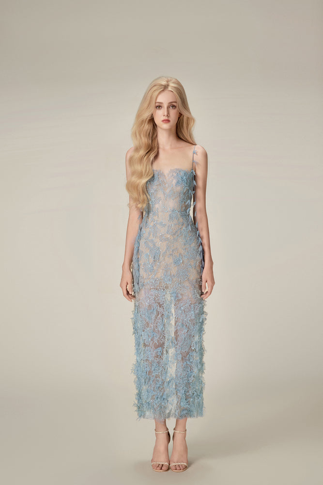 Blue Beaded Lace Pencil Dress