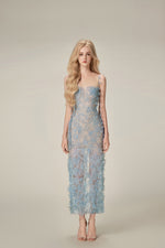 Blue Beaded Lace Pencil Dress