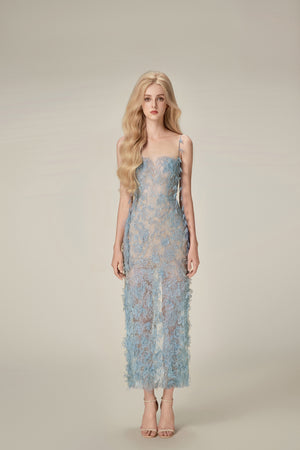 Blue Beaded Lace Pencil Dress