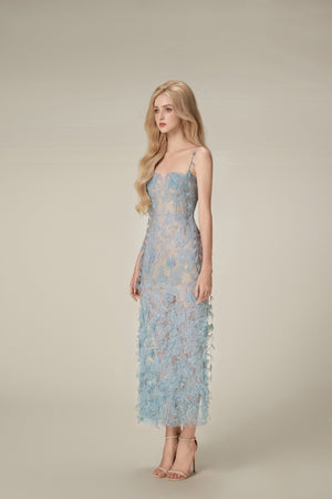 Blue Beaded Lace Pencil Dress