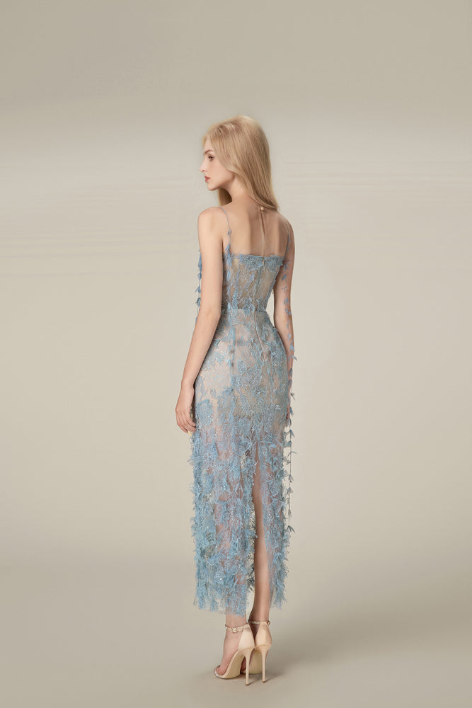 Blue Beaded Lace Pencil Dress