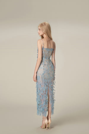 Blue Beaded Lace Pencil Dress