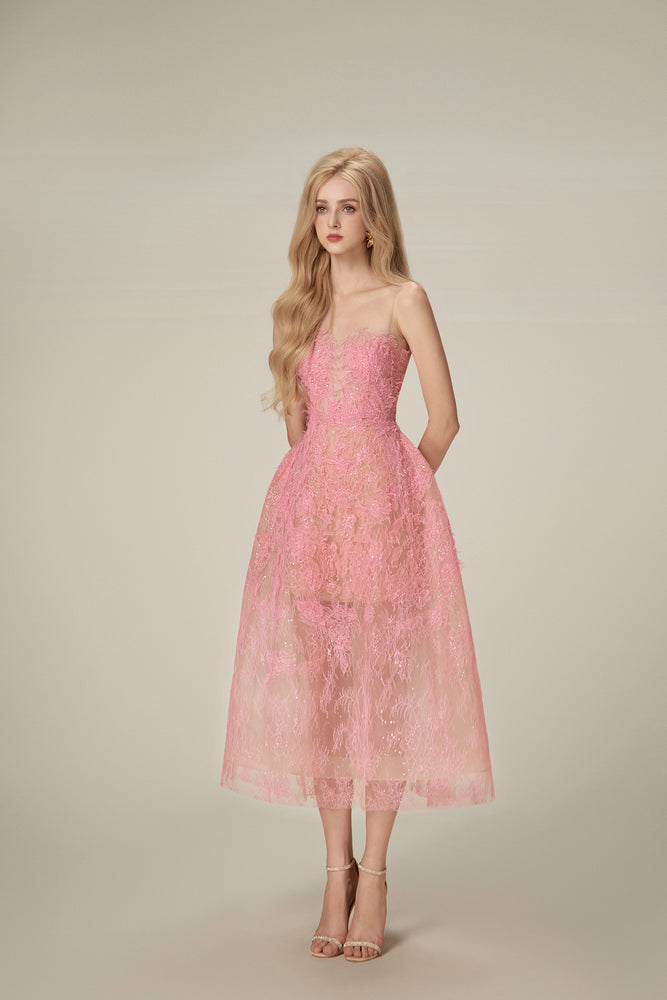 Pink Beaded Lace Mini Dress