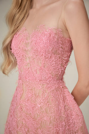 Pink Beaded Lace Mini Dress