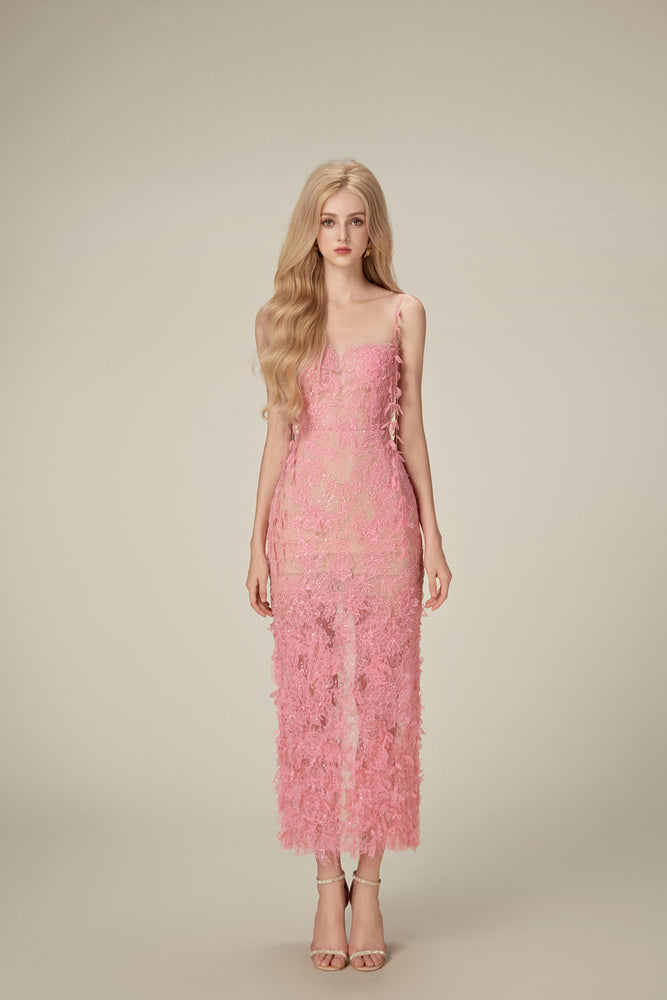 Pink Beaded Lace Pencil Dress