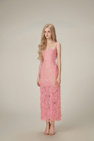 Pink Beaded Lace Pencil Dress