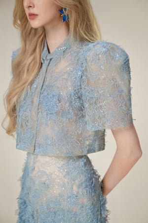 Blue Beaded Lace Top