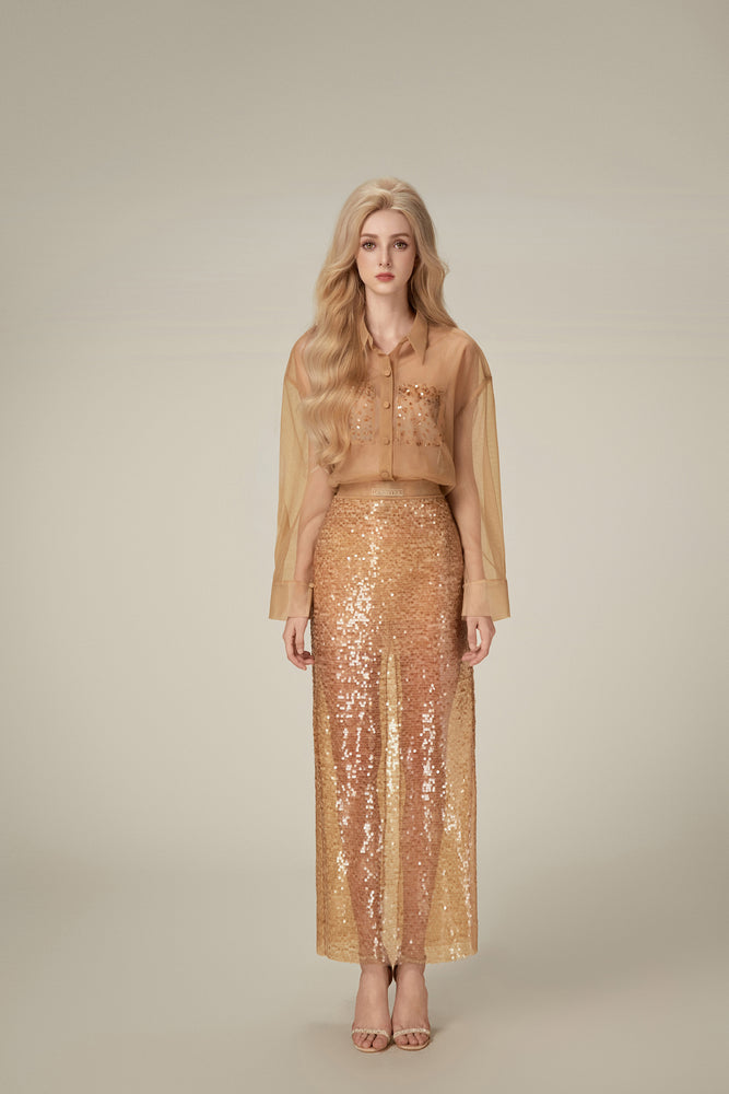 Honey Beaded Mesh Top