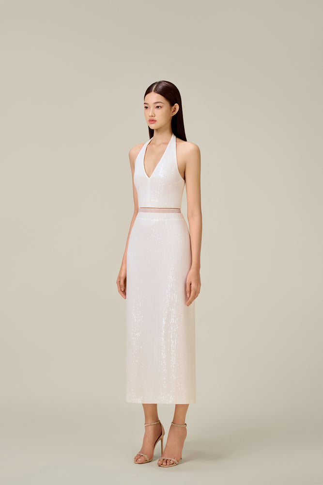 WHITE BEADED PENCIL SKIRT