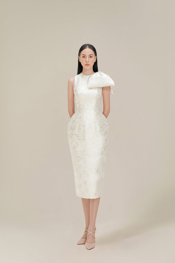 BROCADE BOW DRESS - CREAM
