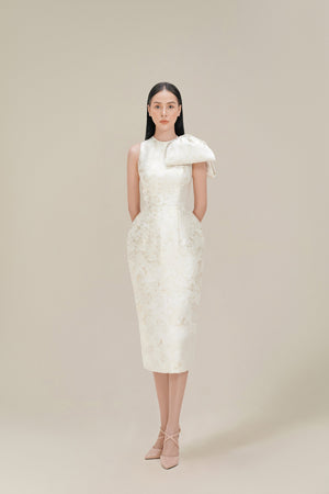 BROCADE BOW DRESS - CREAM