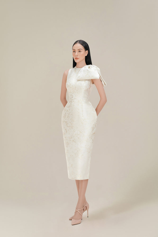 BROCADE BOW DRESS - CREAM