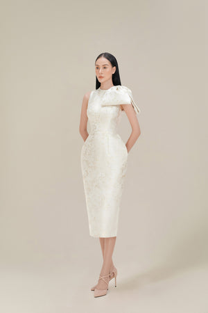 BROCADE BOW DRESS - CREAM