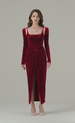 
            
                Load and play video in Gallery viewer, BORDEAUX VELVET DRAPED DRESS
            
        