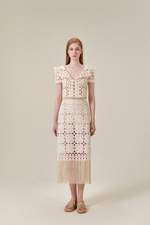 Beige Fringed Lace Skirt
