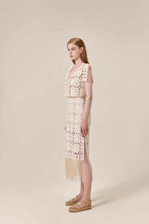 Beige Fringed Lace Skirt