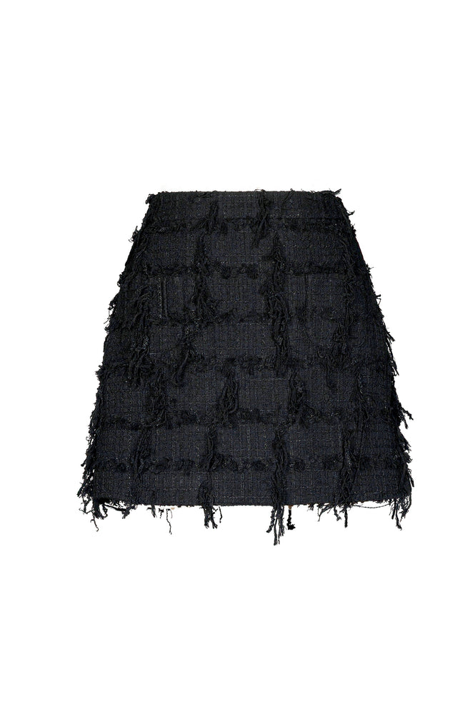 BLACK TWEED FRINGED MINI SKIRT