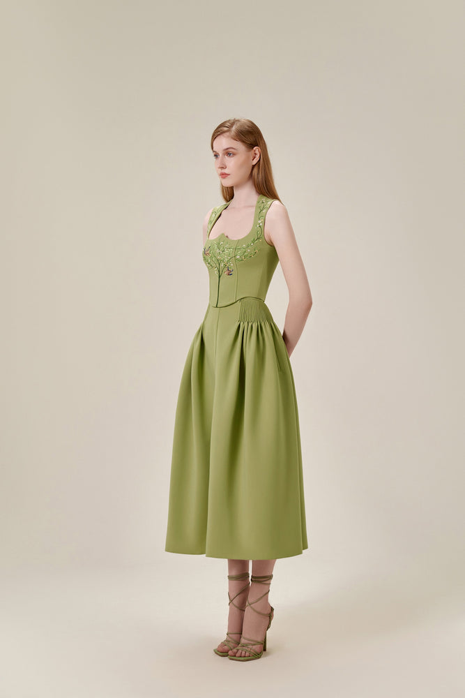 Pleated Green Midi Skirt