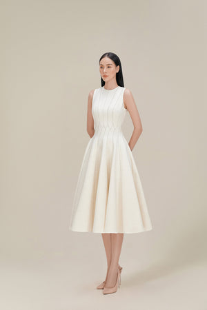 Stitching Midi Dress - White with golden thread