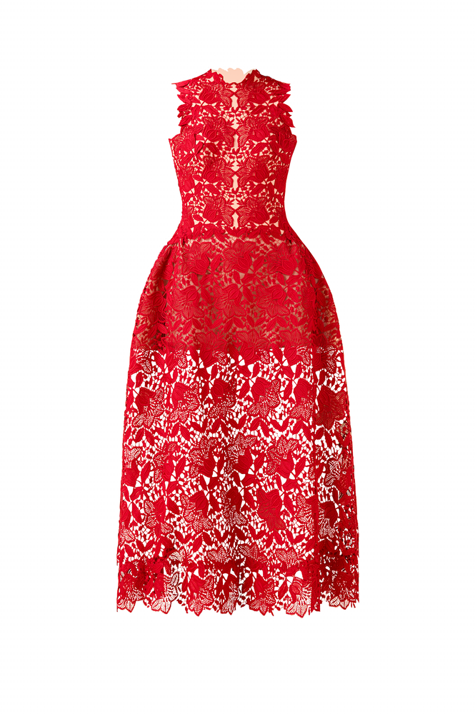 RED MULAN LACE MIDI DRESS