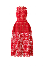 RED MULAN LACE MIDI DRESS