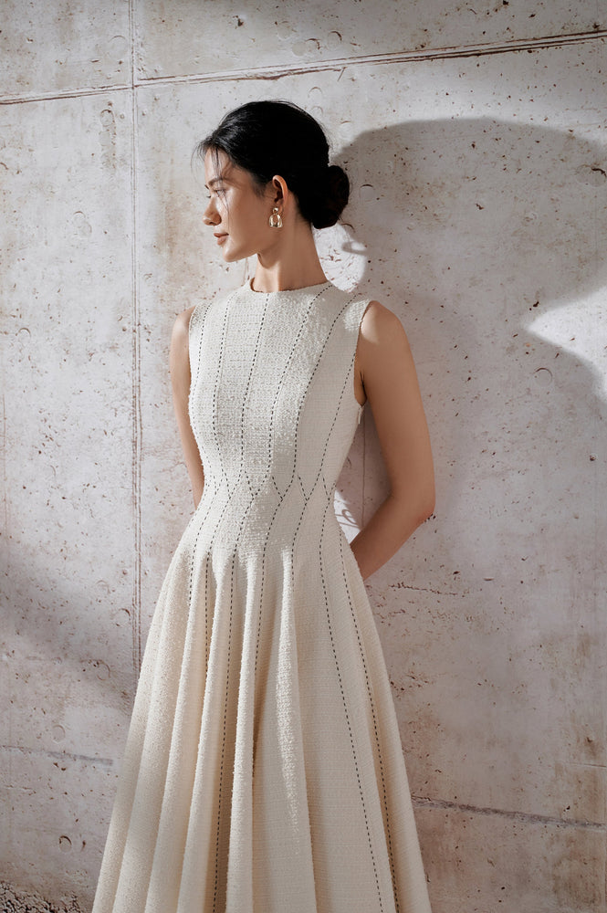 Stitching Midi Dress - White with golden thread