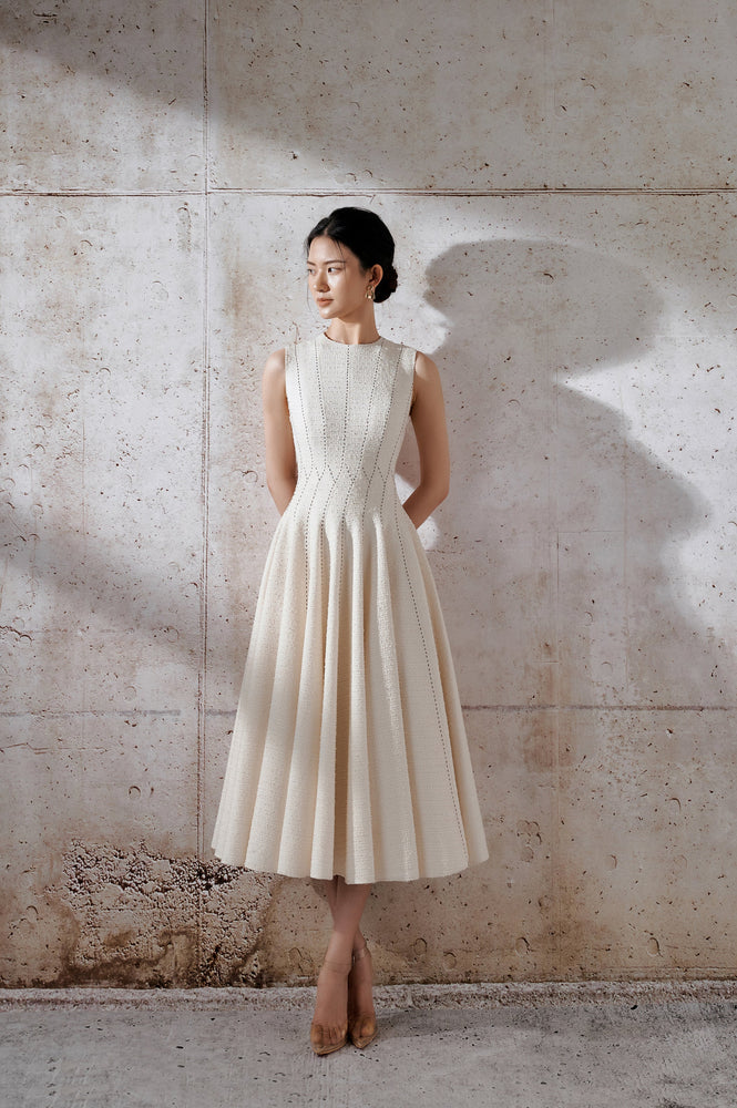 
            
                Load image into Gallery viewer, Stitching Midi Dress - White with golden thread
            
        
