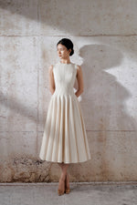 Stitching Midi Dress - White with golden thread