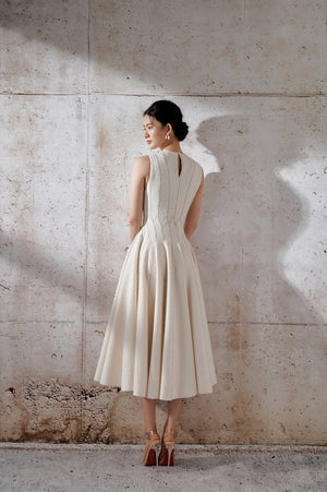 Stitching Midi Dress - White with golden thread