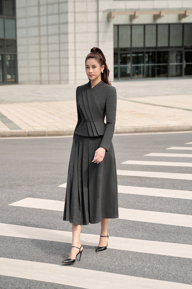 Grey Draped Midi Skirt