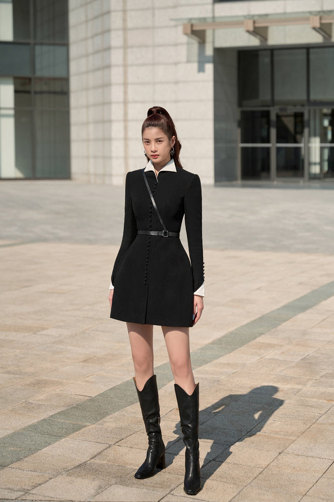 Black Herringbone Mini Dress