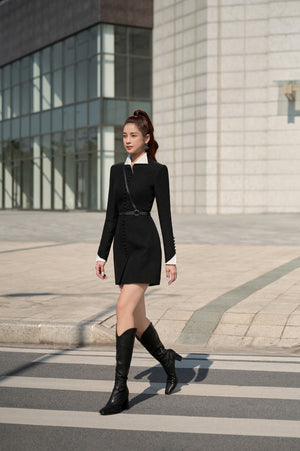 Black Herringbone Mini Dress