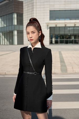 Black Herringbone Mini Dress