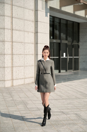Grey Herringbone Mini Dress