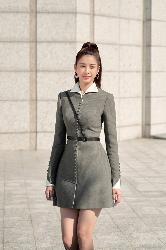 Grey Herringbone Mini Dress