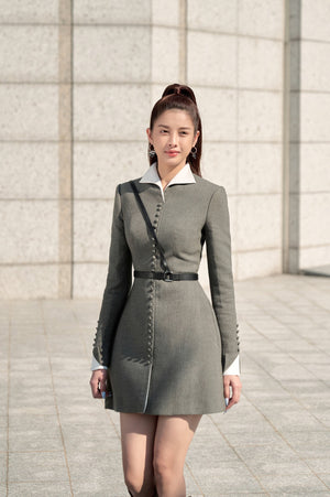 Grey Herringbone Mini Dress