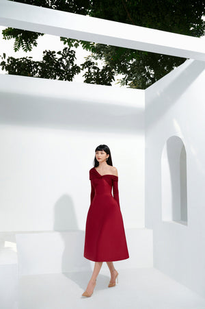 Red Jersey Draped Midi Dress