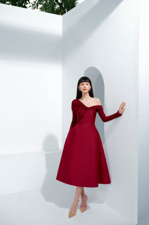 Red Jersey Draped Midi Dress