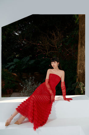 Red Draped Midi Dress