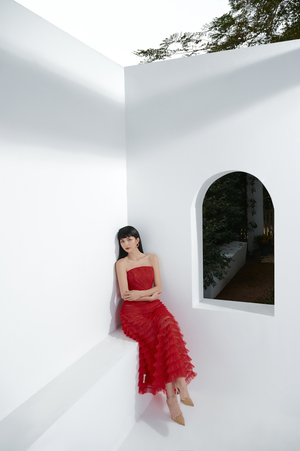 Red Draped Midi Dress