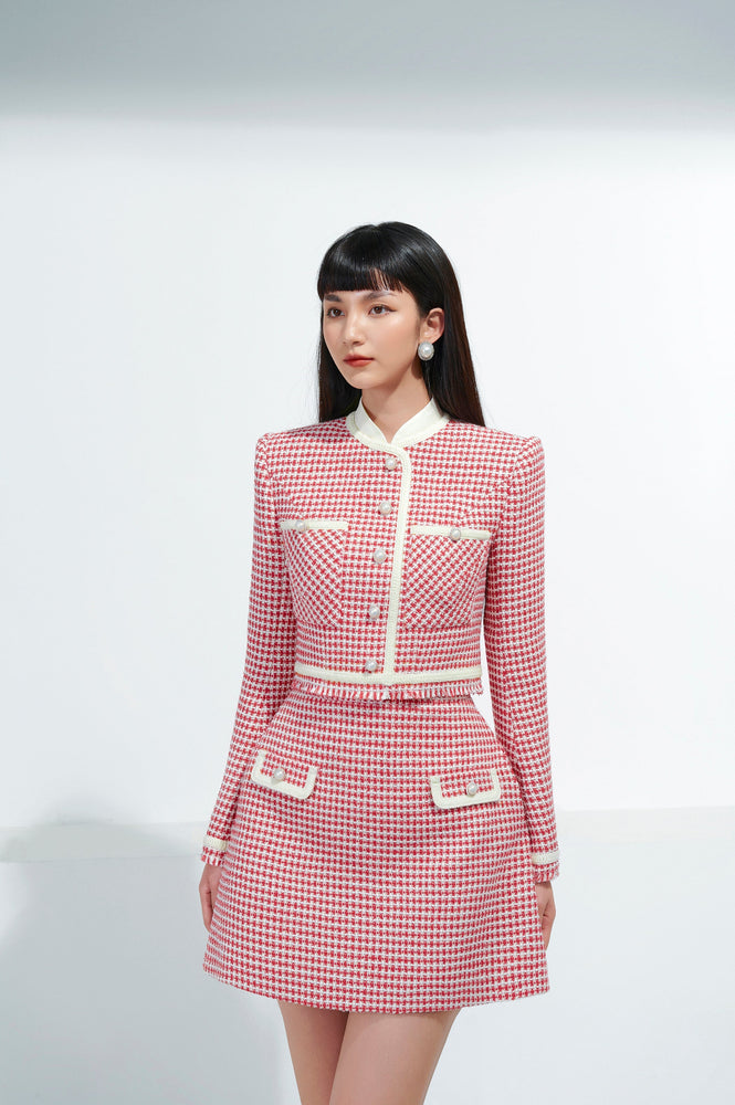 Red Plaid Tweed Mini Skirt