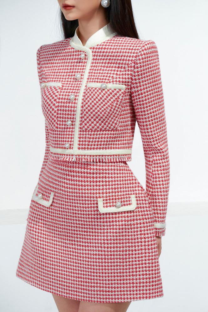 Red Plaid Tweed Mini Skirt