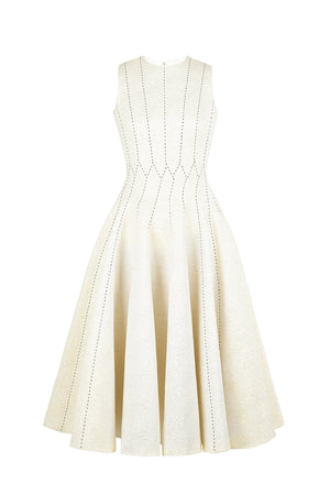 Stitching Midi Dress - White with golden thread