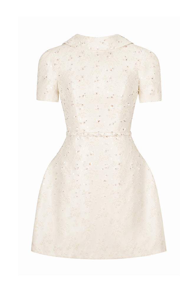 BEADED BROCADE COWL NECK DRESS