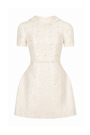 BEADED BROCADE COWL NECK DRESS