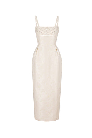 BEADED BROCADE PENCIL DRESS